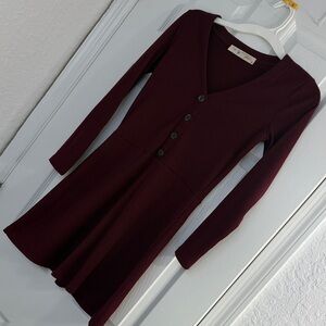 Grace Long Sleeve V-Neck Fit-and-Flare Dress in Burgundy
